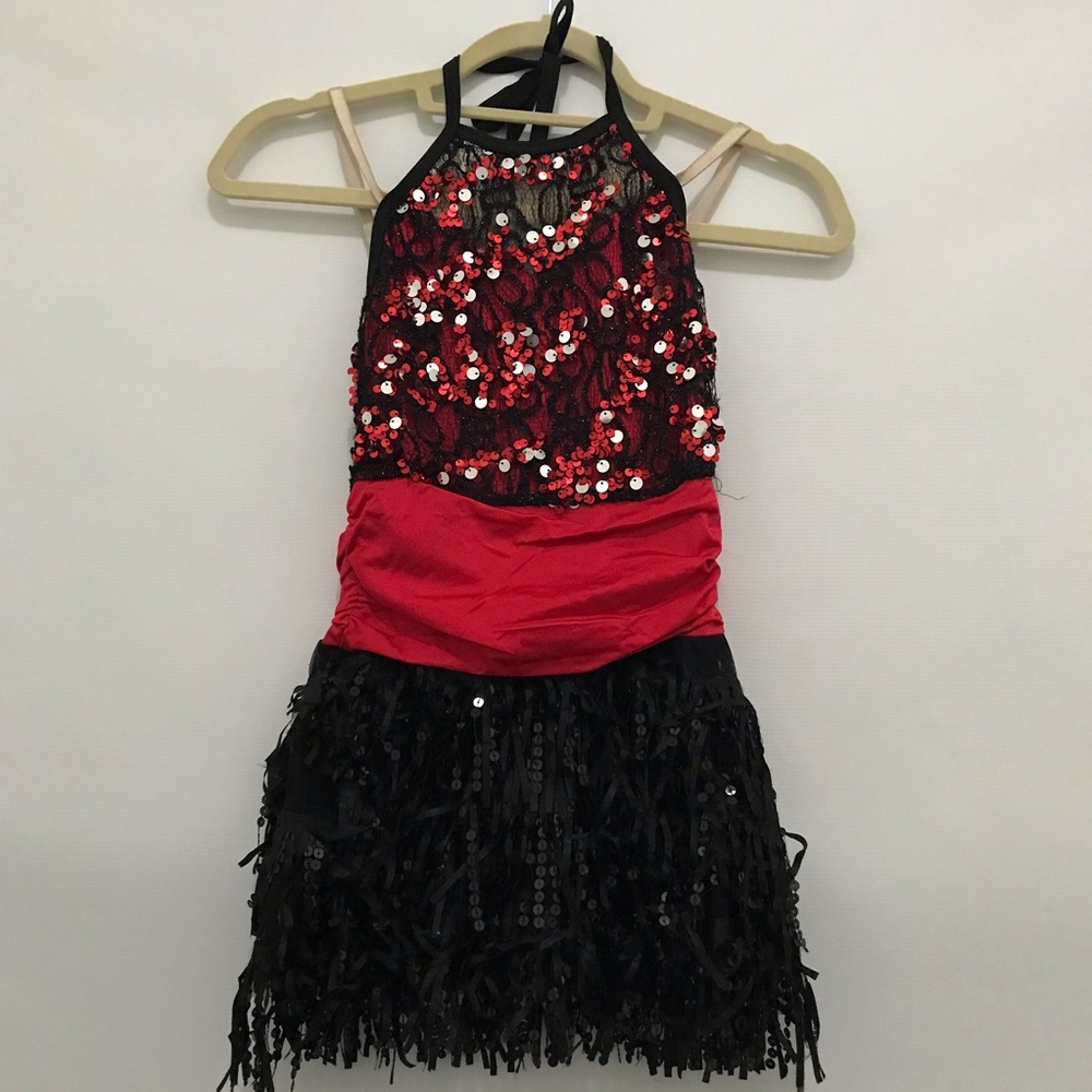 Costume Gallery Girls Red and Black Sequin Fringe Dance Costume Size L